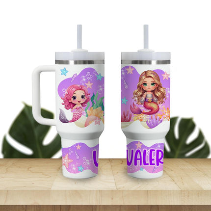 Custom Kids Tumbler 40oz Personalized Name Insulated Bottle Water Mermaids