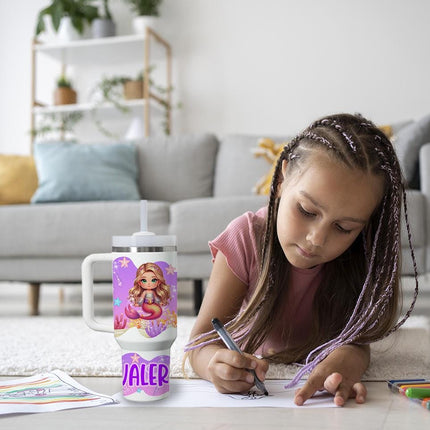 Custom Kids Tumbler 40oz Personalized Name Insulated Bottle Water Mermaids