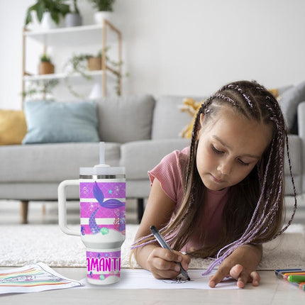 Custom Kids Tumbler 40oz Personalized Name Insulated Bottle Water Mermaid Tail