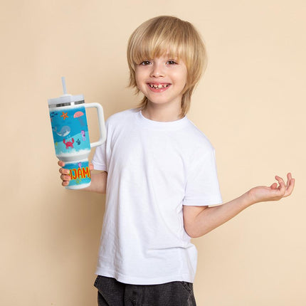 Custom Kids Tumbler 40oz Personalized Name Insulated Bottle Water Ocean Theme