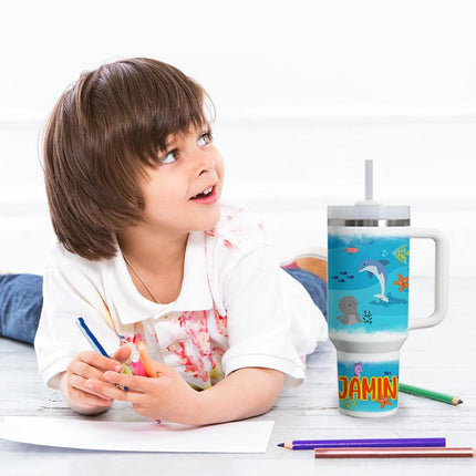 Custom Kids Tumbler 40oz Personalized Name Insulated Bottle Water Ocean Theme