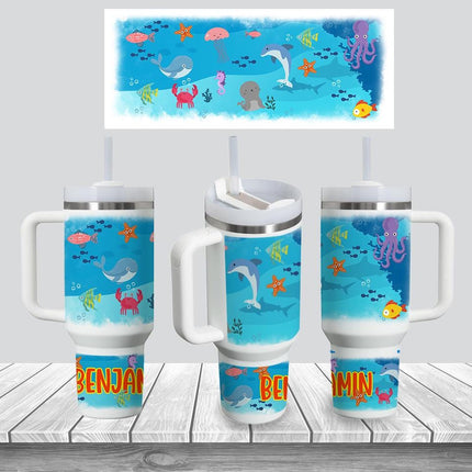 Custom Kids Tumbler 40oz Personalized Name Insulated Bottle Water Ocean Theme