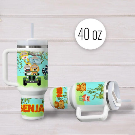 Custom Kids Tumbler 40oz Personalized Name Insulated Bottle Water Safari Theme Orange
