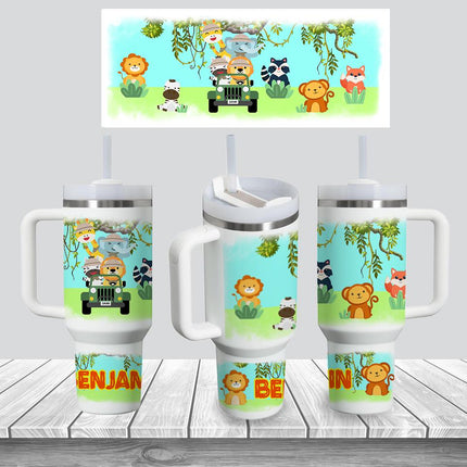 Custom Kids Tumbler 40oz Personalized Name Insulated Bottle Water Safari Theme Orange