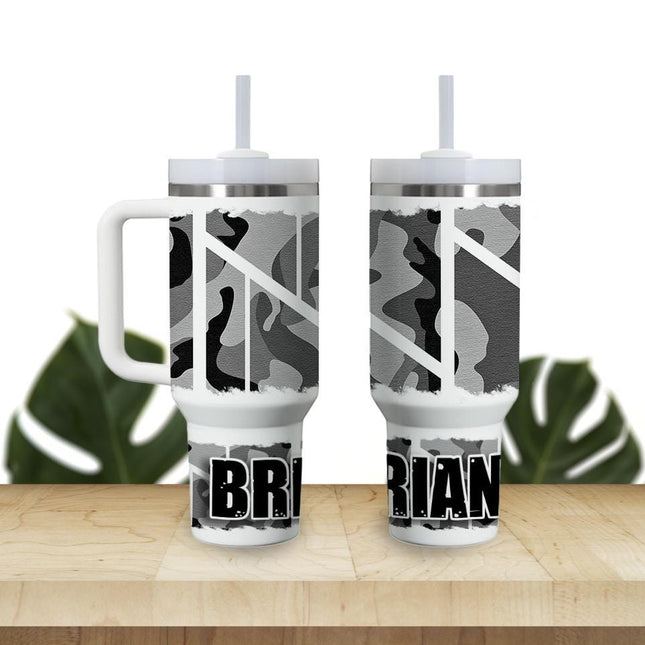Custom Tumbler 40oz Personalized Name Insulated Bottle Water Gray Camouflage