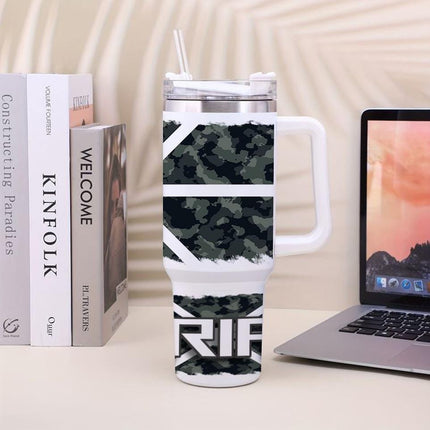 Custom Tumbler 40oz Personalized Name Insulated Bottle Water Gray and Black Camouflage