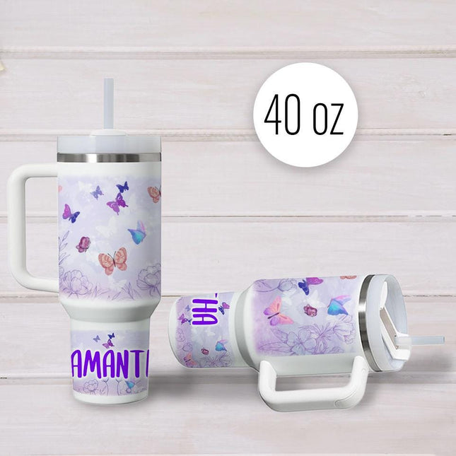 Custom Kids Tumbler 40oz Personalized Name Insulated Bottle Water Butterflies and Flowers