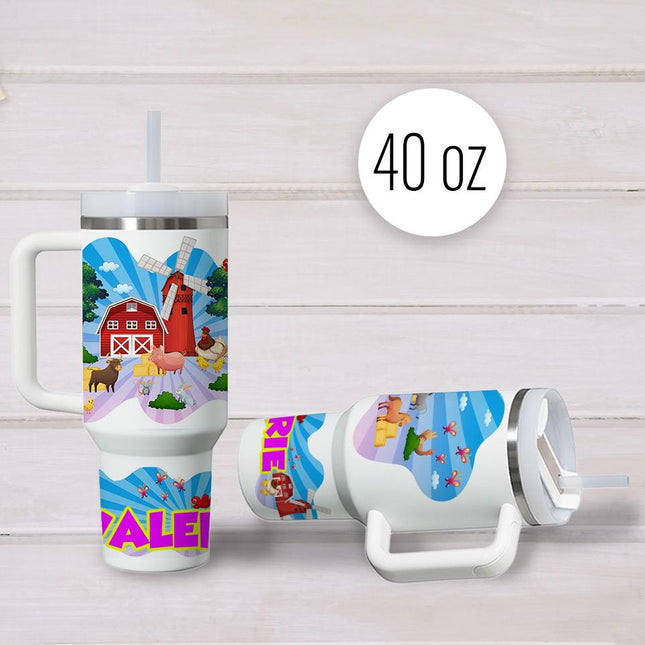 Custom Kids Tumbler 40oz Personalized Name Insulated Bottle Water Pink Farm