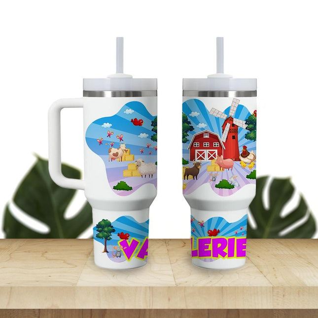 Custom Kids Tumbler 40oz Personalized Name Insulated Bottle Water Pink Farm