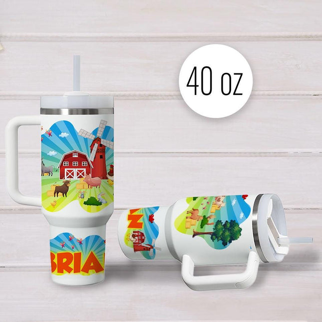 Custom Kids Tumbler 40oz Personalized Name Insulated Bottle Water Green Farm