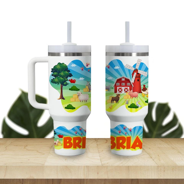 Custom Kids Tumbler 40oz Personalized Name Insulated Bottle Water Green Farm
