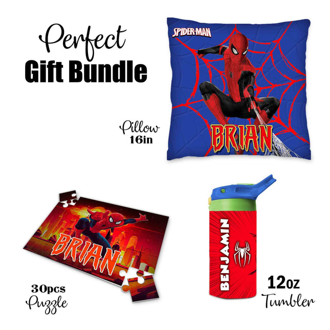 Spiderman Gift Bundle for Kids Custom Name Puzzle 16in Pillow and 12oz Tumbler Son Daughter Birthday Present Holidays