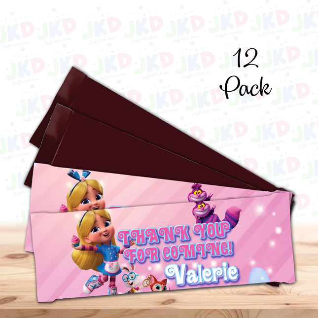 Alice Bakery Candy Bar Labels for Party Decor Chocolate Birthday Favor | 12-Pack Stickers Fits Chocola Bar 1.55oz