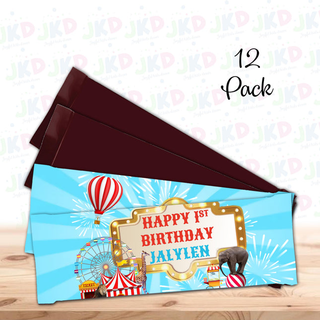 Circus Candy Bar Labels for Party Decor Chocolate Birthday Favor | 12-Pack Stickers Fits Chocolate Bar 1.55oz