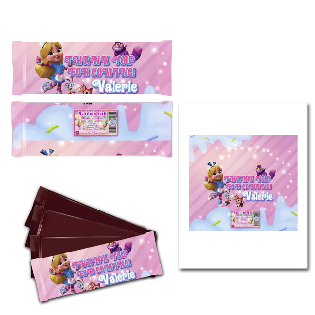 Alice Bakery Candy Bar Labels for Party Decor Chocolate Birthday Favor | 12-Pack Stickers Fits Chocola Bar 1.55oz