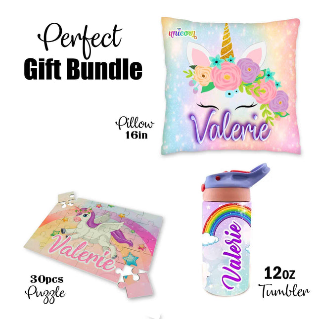 Unicorn Gift Bundle for Kids Custom Name Puzzle 16in Pillow and 12oz Tumbler Son Daughter Birthday Present Holidays