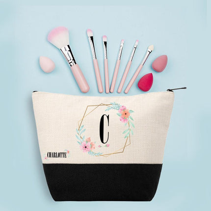 Personalized Makeup Bag Custom Travel Organizer Cosmetic Pouch for Women Toiletry Bag Accessories Storage Gift Frame And Name With Flowers