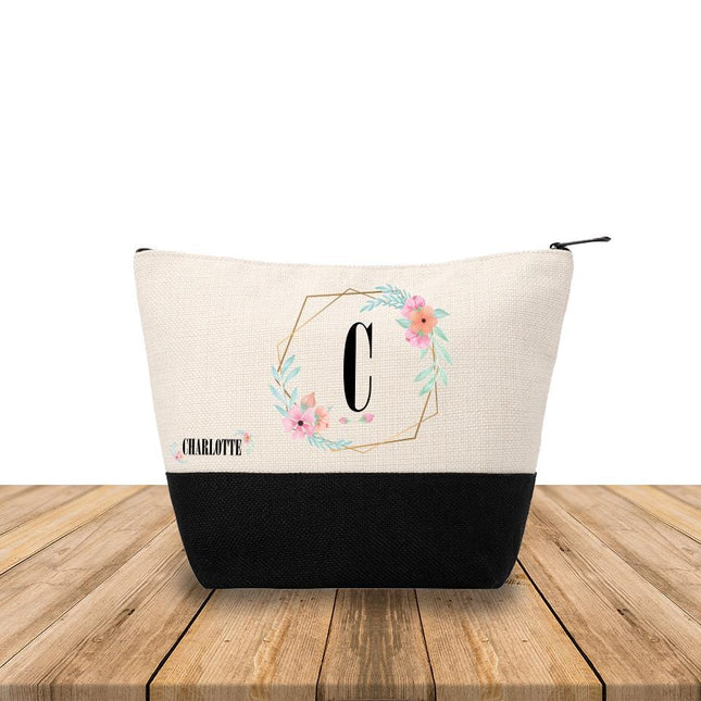 Personalized Makeup Bag Custom Travel Organizer Cosmetic Pouch for Women Toiletry Bag Accessories Storage Gift Frame And Name With Flowers