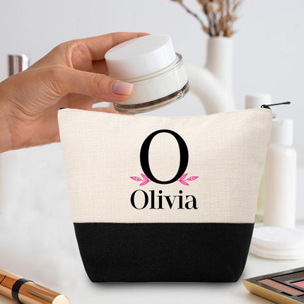 Personalized Makeup Bag Custom Travel Organizer Cosmetic Pouch for Women Toiletry Bag Accessories Storage Gift Initial With Leafs