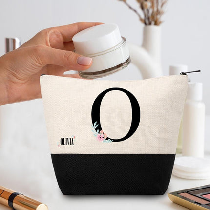 Personalized Makeup Bag Custom Travel Organizer Cosmetic Pouch for Women Toiletry Bag Accessories Storage Gift Initial With Flower
