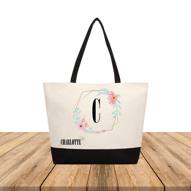 Personalized Large Canvas Tote Custom Beach Shopping Travel Bag Reusable Gift for Women Accessories Organizer Frame And Name With Flowers