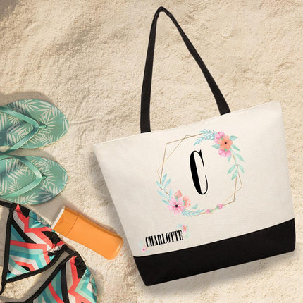 Personalized Large Canvas Tote Custom Beach Shopping Travel Bag Reusable Gift for Women Accessories Organizer Frame And Name With Flowers