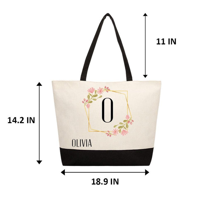Personalized Large Canvas Tote Custom Beach Shopping Travel Bag Reusable Gift for Women Accessories Organizer Frame With Flowers