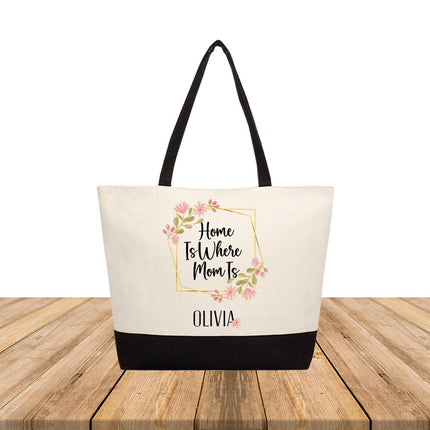 Personalized Large Canvas Tote Custom Beach Shopping Travel Bag Reusable Gift for Women Accessories Organizer Home Is Where Mom Is Design