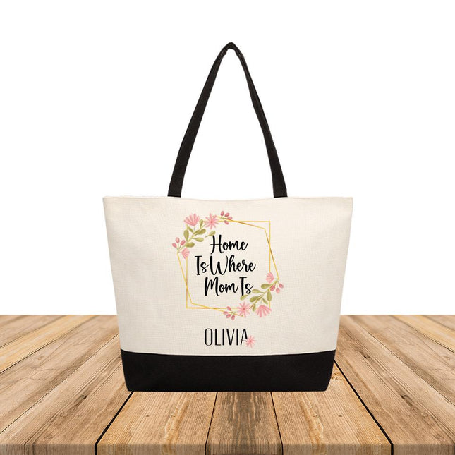 Personalized Large Canvas Tote Custom Beach Shopping Travel Bag Reusable Gift for Women Accessories Organizer Home Is Where Mom Is Design