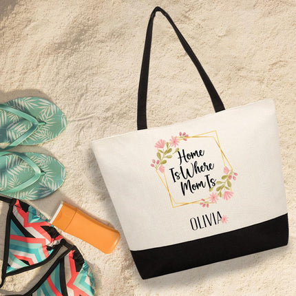 Personalized Large Canvas Tote Custom Beach Shopping Travel Bag Reusable Gift for Women Accessories Organizer Home Is Where Mom Is Design