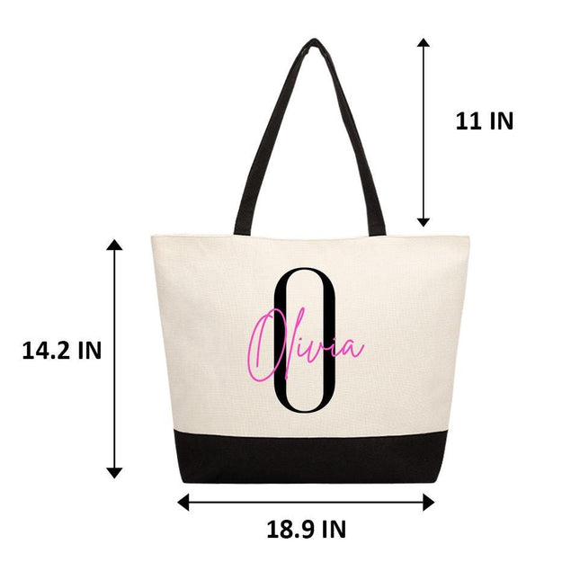 Personalized Large Canvas Tote Custom Beach Shopping Travel Bag Reusable Gift for Women Accessories Organizer Initial And Pink Name