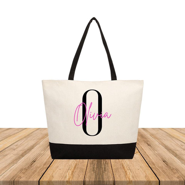 Personalized Large Canvas Tote Custom Beach Shopping Travel Bag Reusable Gift for Women Accessories Organizer Initial And Pink Name