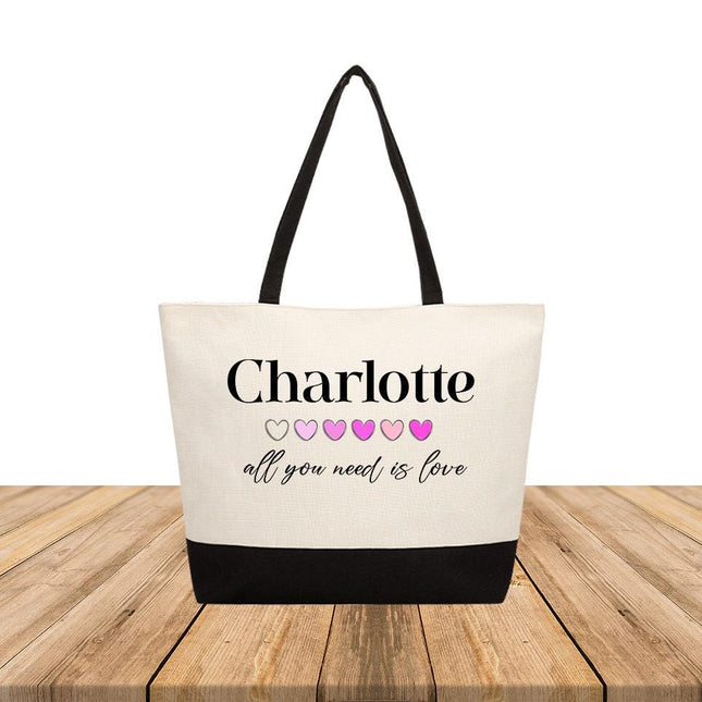 Personalized Large Canvas Tote Custom Beach Shopping Travel Bag Reusable Gift for Women Accessories Organizer All You Need Is Love Design