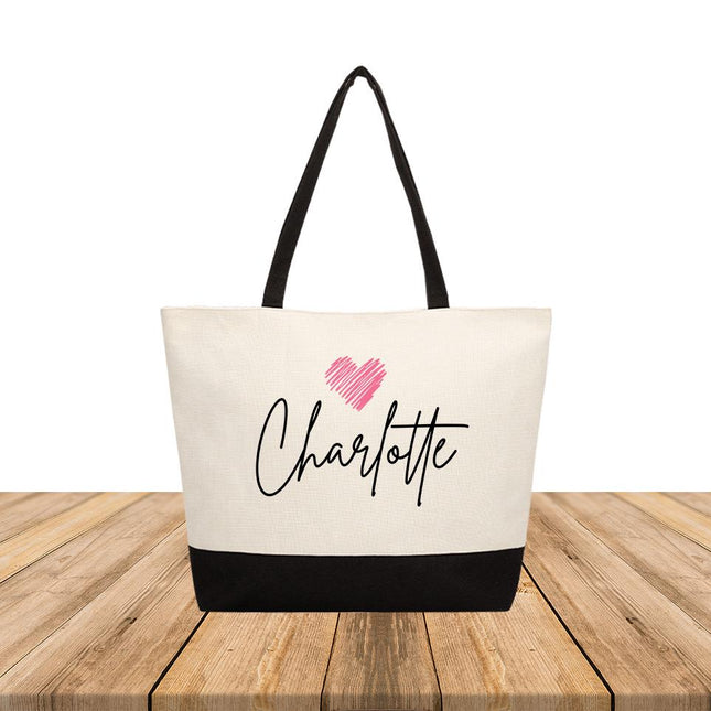 Personalized Large Canvas Tote Custom Beach Shopping Travel Bag Reusable Gift for Women Accessories Organizer Name And Heart