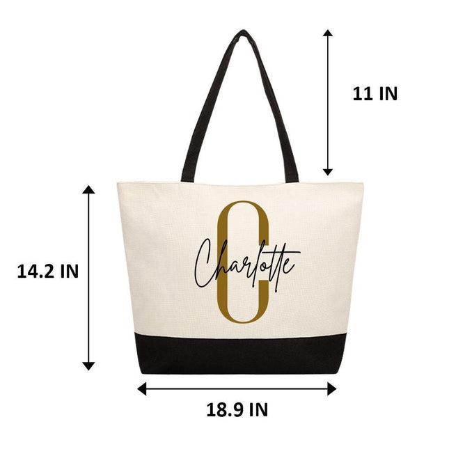 Personalized Large Canvas Tote Custom Beach Shopping Travel Bag Reusable Gift for Women Accessories Organizer Initial And Black Name