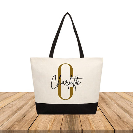 Personalized Large Canvas Tote Custom Beach Shopping Travel Bag Reusable Gift for Women Accessories Organizer Initial And Black Name