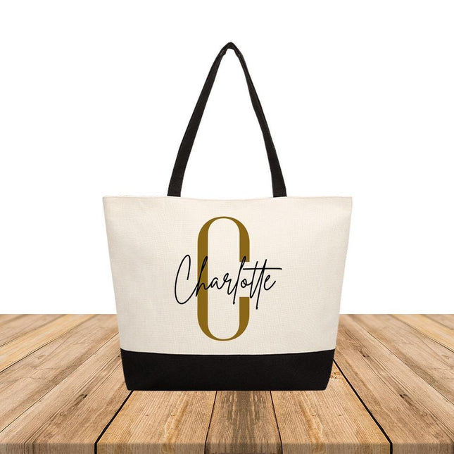 Personalized Large Canvas Tote Custom Beach Shopping Travel Bag Reusable Gift for Women Accessories Organizer Initial And Black Name