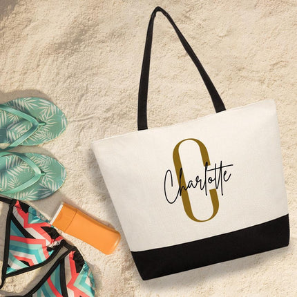 Personalized Large Canvas Tote Custom Beach Shopping Travel Bag Reusable Gift for Women Accessories Organizer Initial And Black Name