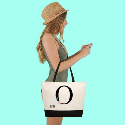 Personalized Large Canvas Tote Custom Beach Shopping Travel Bag Reusable Gift for Women Accessories Organizer Initial With Flower