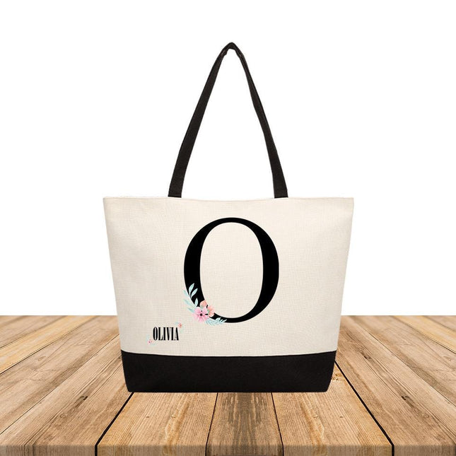 Personalized Large Canvas Tote Custom Beach Shopping Travel Bag Reusable Gift for Women Accessories Organizer Initial With Flower