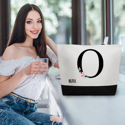 Personalized Large Canvas Tote Custom Beach Shopping Travel Bag Reusable Gift for Women Accessories Organizer Initial With Flower