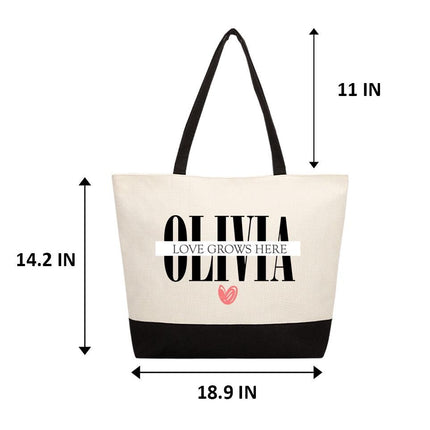 Personalized Large Canvas Tote Custom Beach Shopping Travel Bag Reusable Gift for Women Accessories Organizer Love Grows Here Design