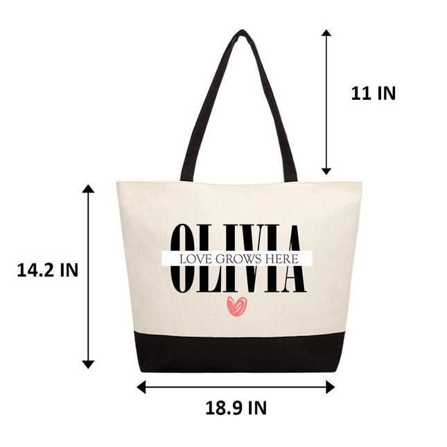 Personalized Large Canvas Tote Custom Beach Shopping Travel Bag Reusable Gift for Women Accessories Organizer Love Grows Here Design