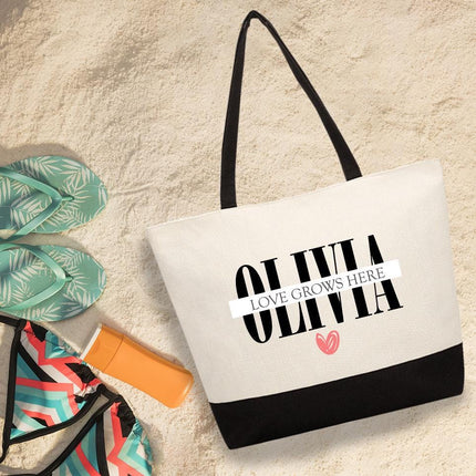 Personalized Large Canvas Tote Custom Beach Shopping Travel Bag Reusable Gift for Women Accessories Organizer Love Grows Here Design