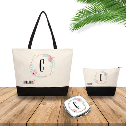 Personalized Bundle For Her Beach Tote Makeup Bag Mirror Travel Pouch Custom Gift Organizer Accessories Frame And Name With Flowers