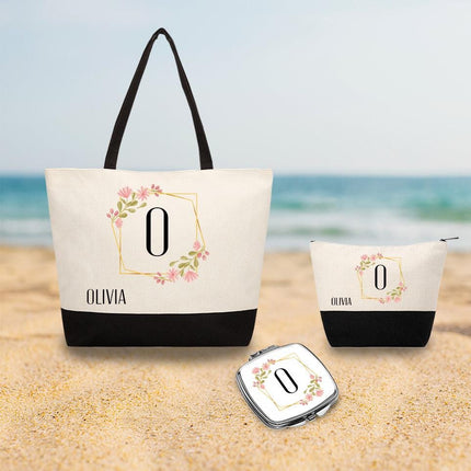 Personalized Bundle For Her Beach Tote Makeup Bag Mirror Travel Pouch Custom Gift Organizer Accessories Frame With Flowers