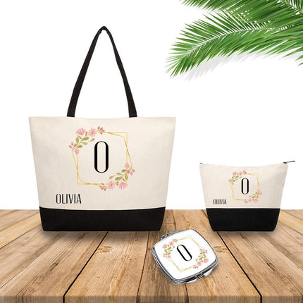 Personalized Bundle For Her Beach Tote Makeup Bag Mirror Travel Pouch Custom Gift Organizer Accessories Frame With Flowers