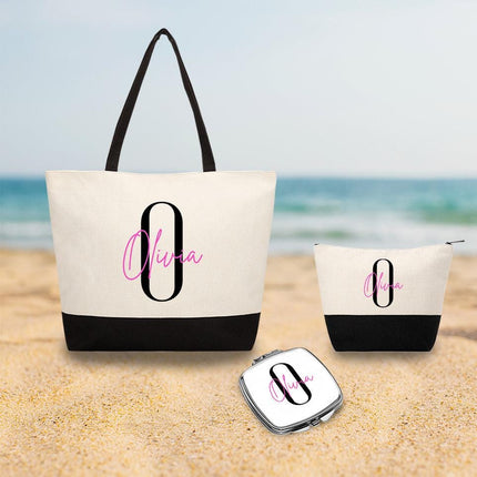 Personalized Bundle For Her Beach Tote Makeup Bag Mirror Travel Pouch Custom Gift Organizer Accessories Initial And Pink Name