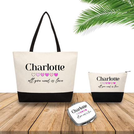 Personalized Bundle For Her Beach Tote Makeup Bag Mirror Travel Pouch Custom Gift Organizer Accessories All You Need Is Love