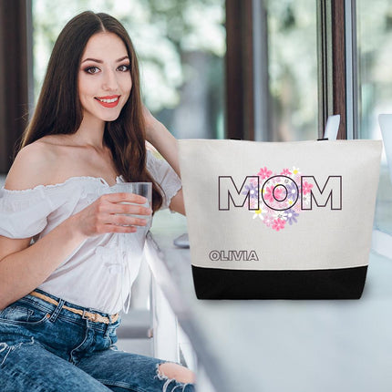 Personalized Bundle For Her Beach Tote Makeup Bag Mirror Travel Pouch Custom Gift Organizer Accessories Mom Design